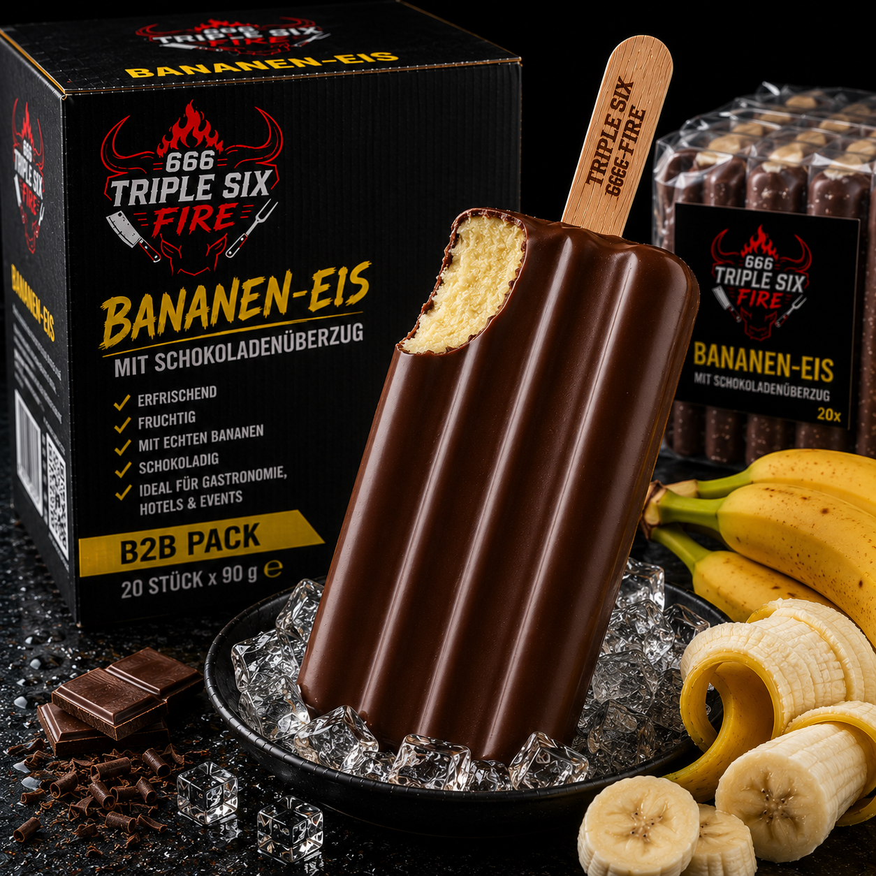 B2B Bananen-Eis mit Schokolade – Premium Wassereis aus echten Bananen - 20 Stück / Karton