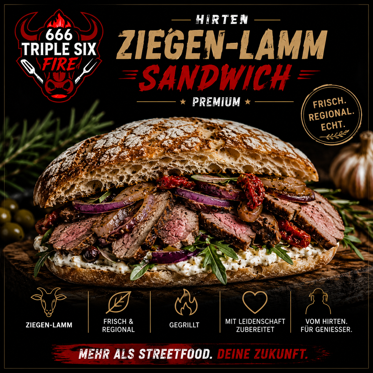 Triple Six Fire Ziegen Lamm Sandwich